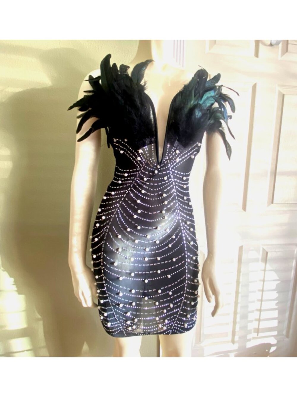 size S beaded thin bodycon black sheer mini dress feather chest detail c-thru - Picture 3 of 9